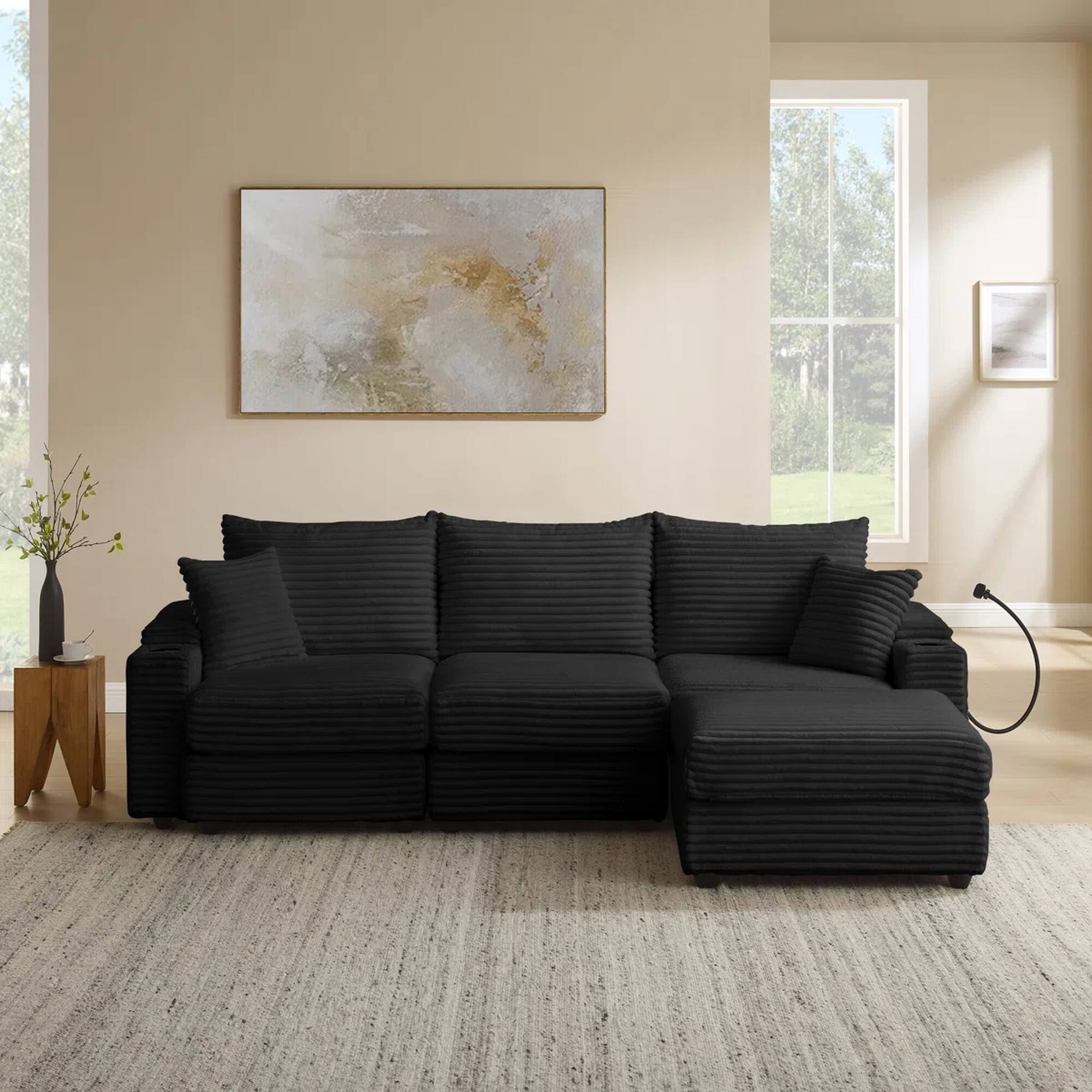 Front. Yardgrace - 4-Seat L-Shaped Corduroy Sectional Sofa with USB Charging Ports, Phone Holders & Storage Armrests - Black.