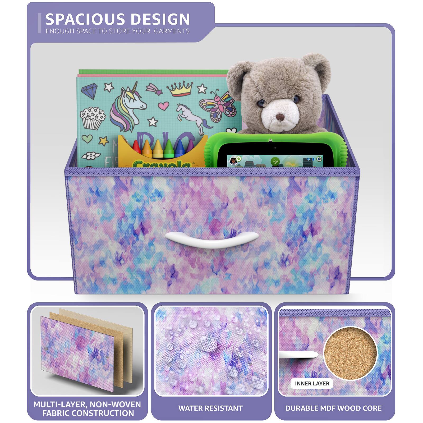 SPACIOUS DESIGN  
ENOUGH SPACE TO STORE YOUR GARMENTS  

MULTI-LAYER, NON-WOVEN FABRIC CONSTRUCTION  
WATER RESISTANT  
DURABLE MDF WOOD CORE