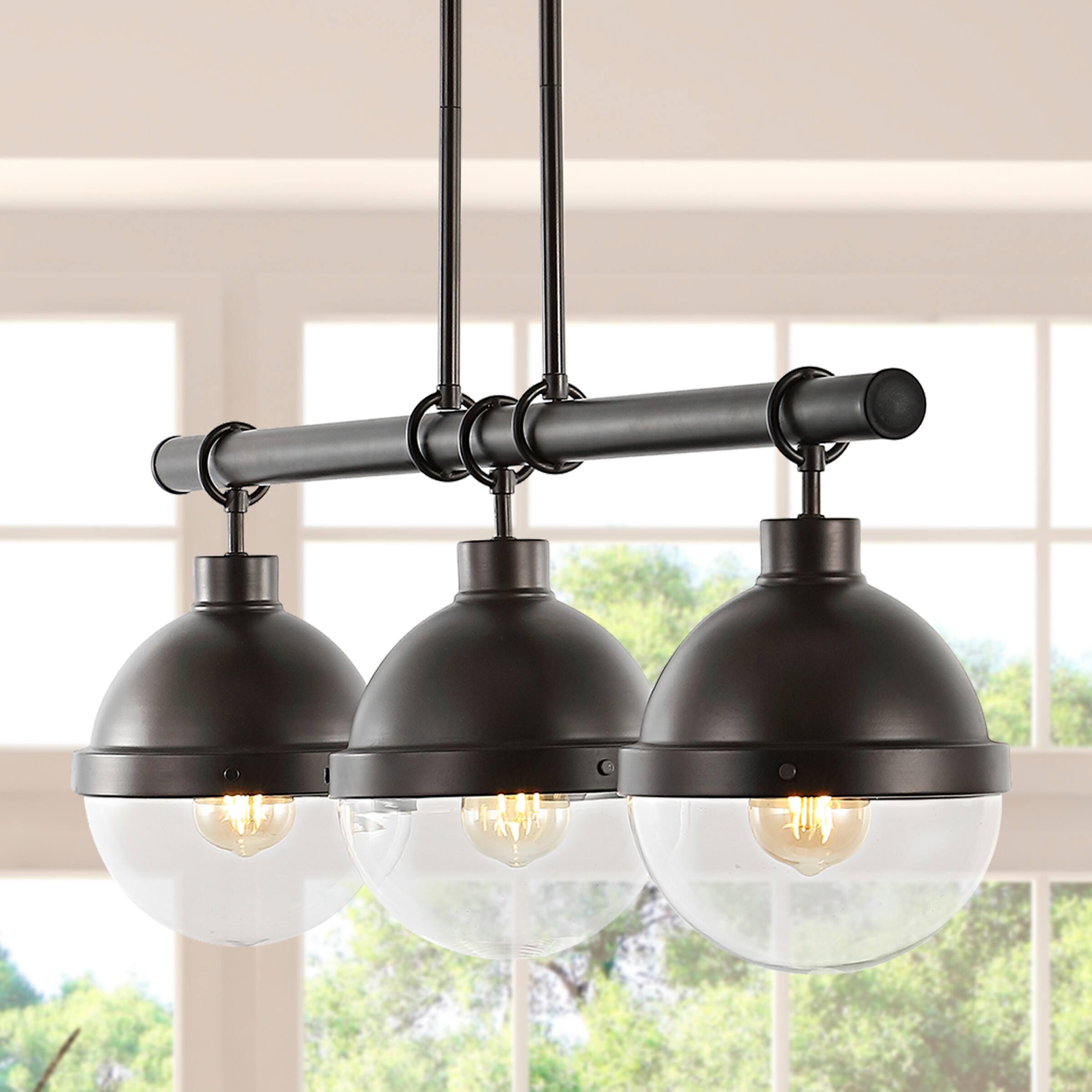 Alt View 1. Jonathan Y - Caleb 33" 3-Light Industrial Farmhouse Iron/Glass Linear LED Pendant, Oil Rubbed Bronze/Clear - Oil Rubbed Bronze.