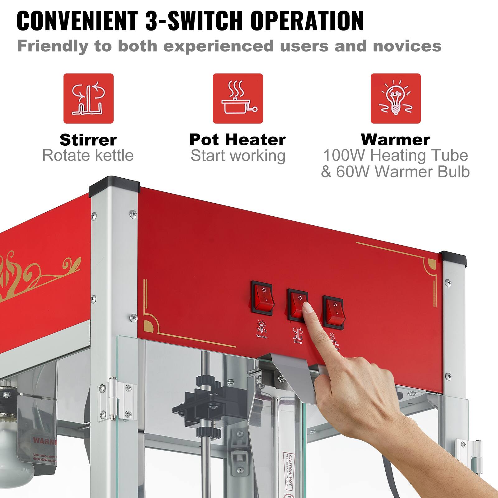 CONVENIENT 3-SWITCH OPERATION  
Friendly to both experienced users and novices

Stirrer  
Rotate kettle

Pot Heater  
Start working

Warmer  
100W Heating Tube & 60W Warmer Bulb

WARN  
CAUTION! HOT HOT