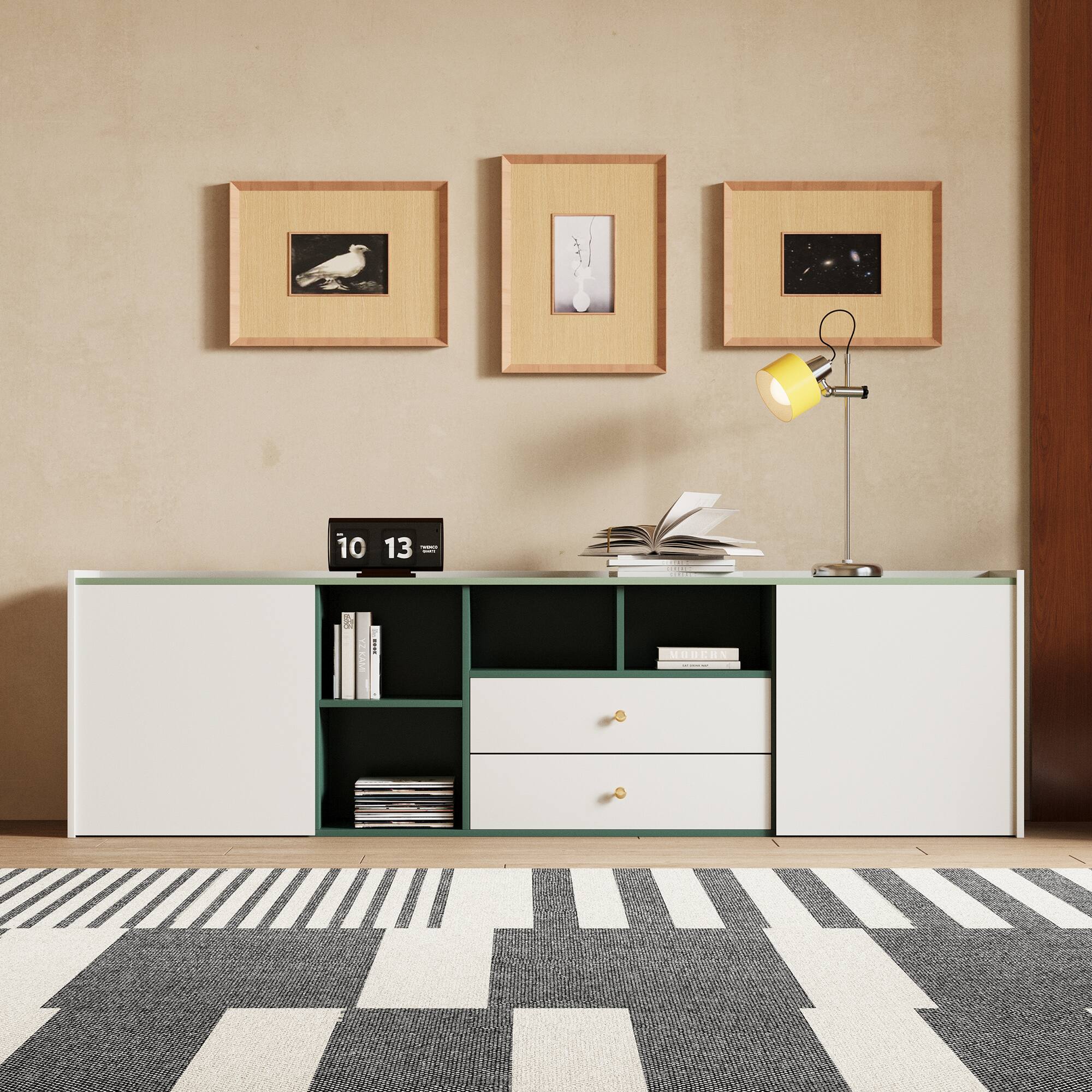 Left. luck idea - Modern Minimalist 78.7” TV Stand, Gold Pulls & Hidden Handles, Large Storage Media Console - Green.