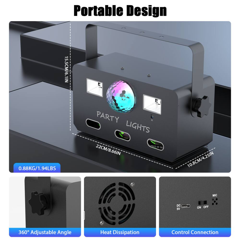 Portable Design

- 15.5CM/6.1IN
- 0.88KG/1.94LBS
- 22CM/8.66IN
- 10.8CM/4.25IN

- 360° Adjustable Angle
- Heat Dissipation
- Control Connection

- DC 5V
- ON/OFF
- MIC