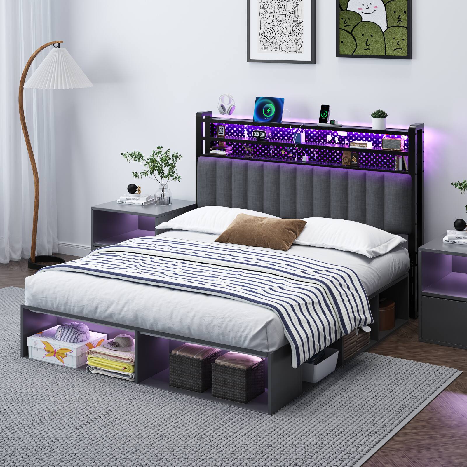 Alt View 9. Winado - Queen Size Adjustable Upholstered Headboard Only with 3 Tier Shelves and Pegboard with Charging Stations and LED Lights - Linen & Dark Gray.