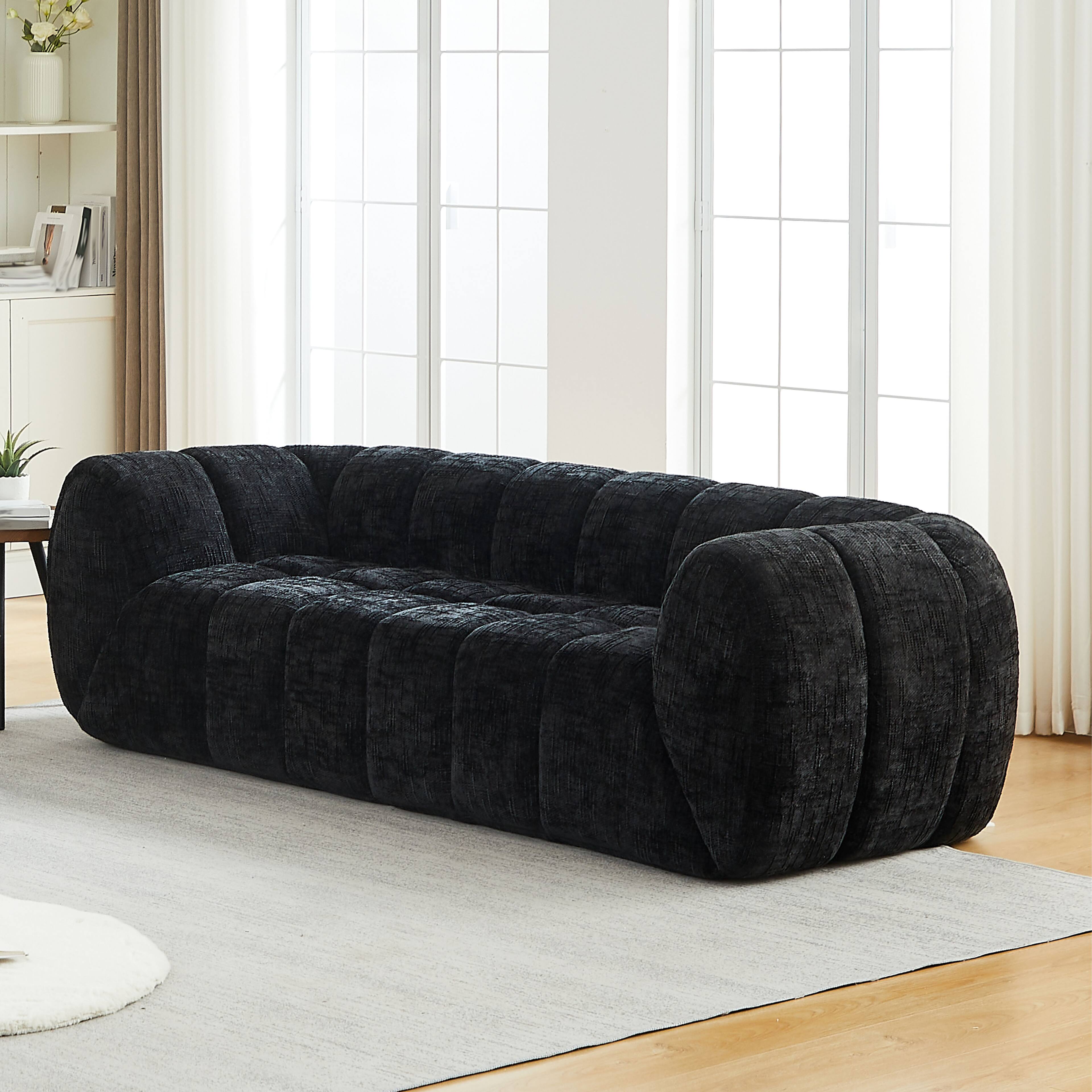 Left. Anysun - Comfortable Three-Seater Chenille Pure Foam Sofa – Modern Quilted Cloud Sofa, Deep-Seat Chenille - Black.