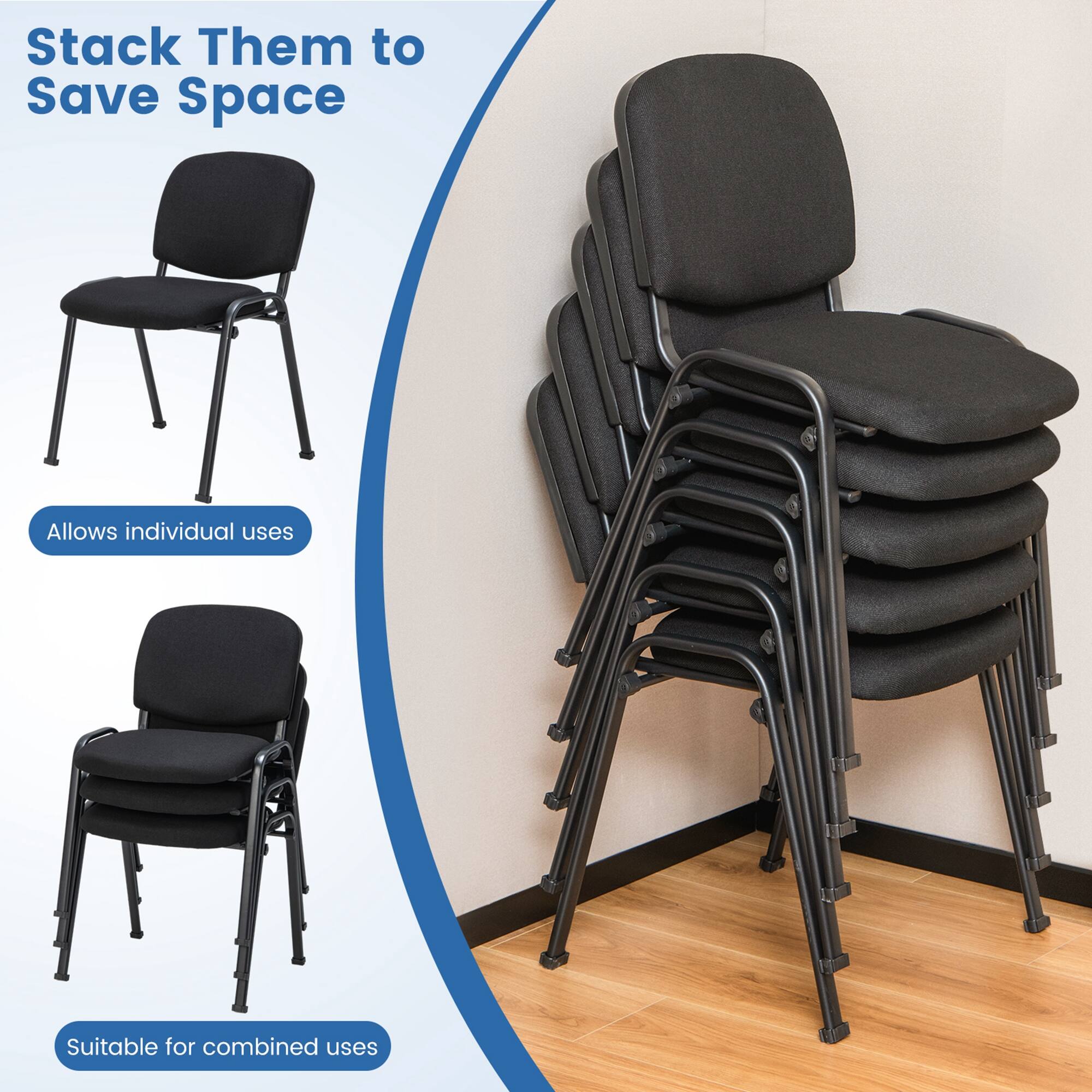 Stack Them to Save Space: This text suggests that stacking chairs can help save space, making them suitable for combined uses. The chairs are designed to be used individually, but they can also be stacked together when not in use. This allows for efficient use of space, especially in areas where space is limited.
