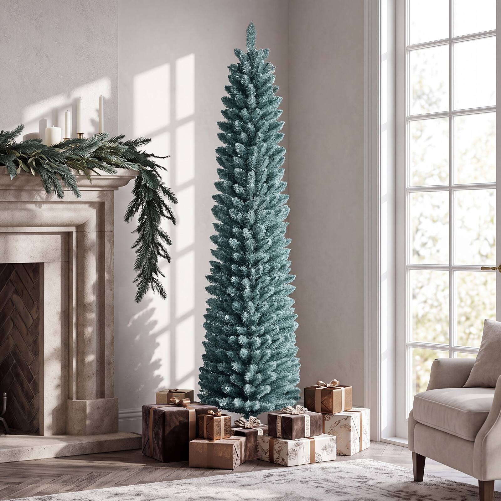 Alt View 4. Costway - Costway 6 FT Artificial Pencil Christmas Tree with 320 Lush Branch Tips Folding Metal Stand - Gray Green.