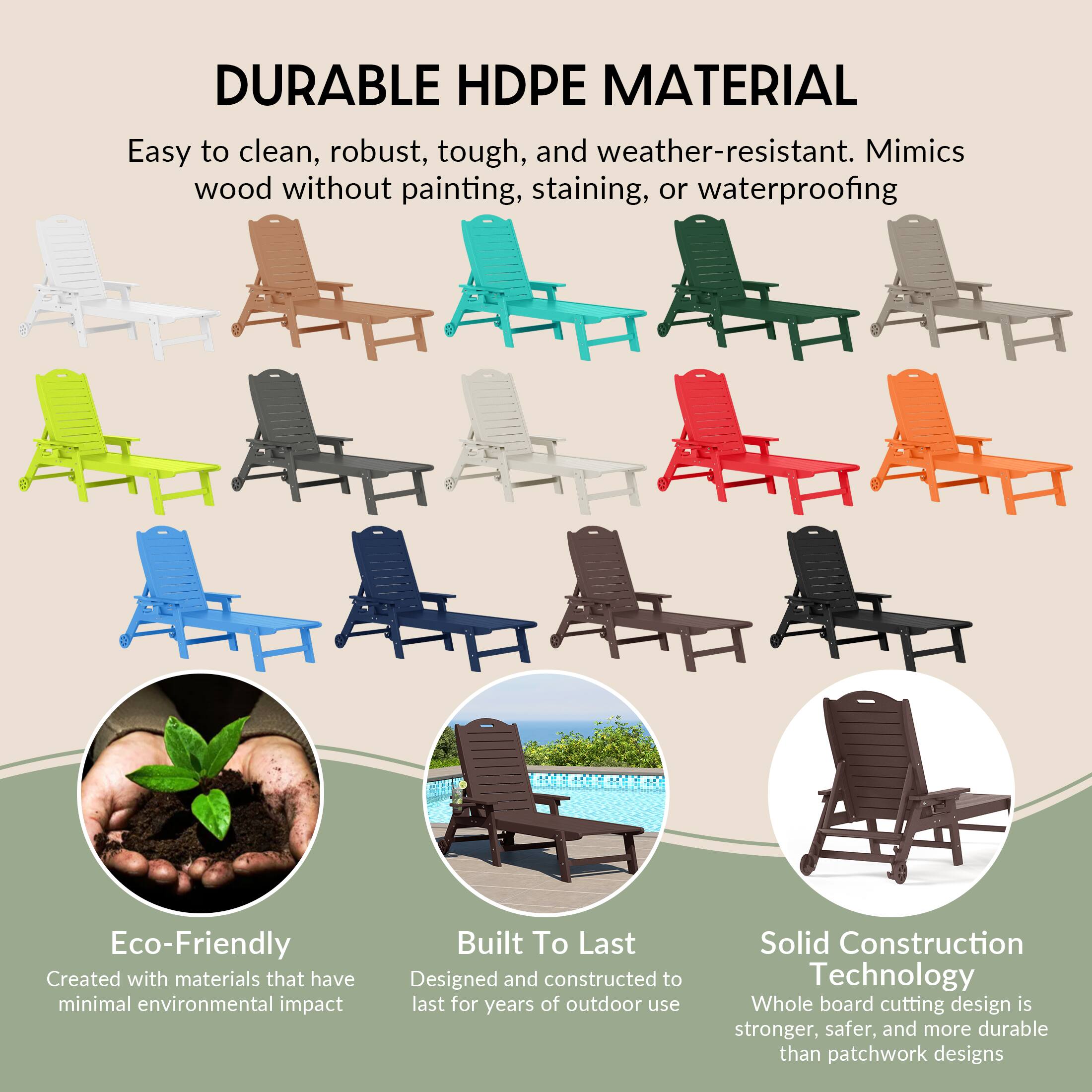 DURABLE HDPE MATERIAL

Easy to clean, robust, tough, and weather-resistant. Mimics wood without painting, staining, or waterproofing

Eco-Friendly
Created with materials that have minimal environmental impact

Built To Last
Designed and constructed to last for years of outdoor use

Solid Construction Technology
Whole board cutting design is stronger, safer, and more durable than patchwork designs