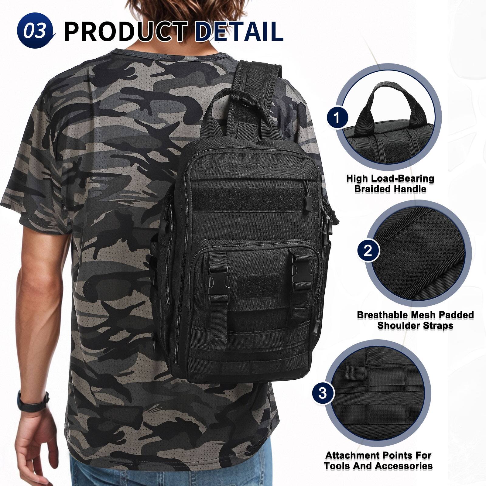 03 PRODUCT DETAIL  
1. High Load-Bearing Braided Handle  
2. Breathable Mesh Padded Shoulder Straps  
3. Attachment Points For Tools And Accessories