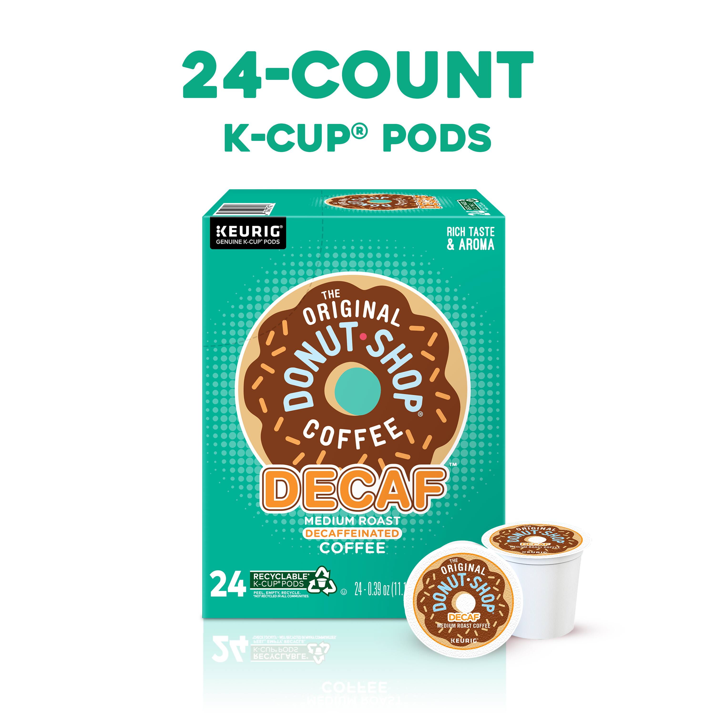 The text on the image is grouped and corrected as follows:

"24-COUNT R K-CUP PODS KEURIG RICH TASTE GENUINE K-CUP PODS AROMA & THE ORIGINAL DONUT SHOP COFFEE DECAF MEDIUM ROAST ARINC DECAFFEINATED COFFEE - COFFEE O Twt ORIGINAL RECYCLABLE 24 K-CUP*PODS - .-. - e 24 0.35 IZ (1. SLUTSHR DECAF 0IgM ROAS COFnt  KEURIE 24  ECA COLLEE ee e"