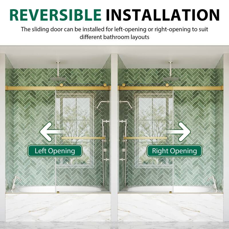 REVERSIBLE INSTALLATION  
The sliding door can be installed for left-opening or right-opening to suit different bathroom layouts  

Left Opening  
Right Opening
