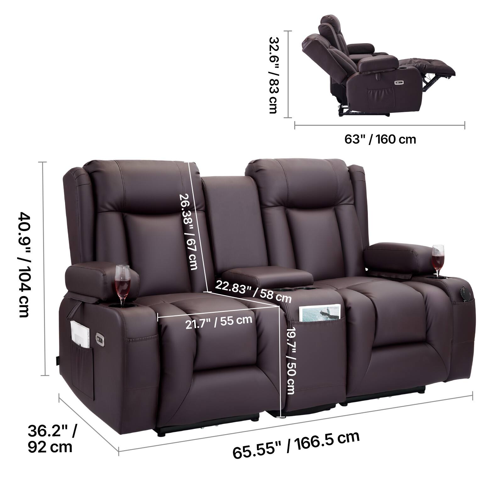 32.6" / 83 cm  
63" / 160 cm  
40.9" / 104 cm  
26.38" / 67 cm  
22.83" / 58 cm  
21.7" / 55 cm  
19.7" / 50 cm  
36.2" / 92 cm  
65.55" / 166.5 cm