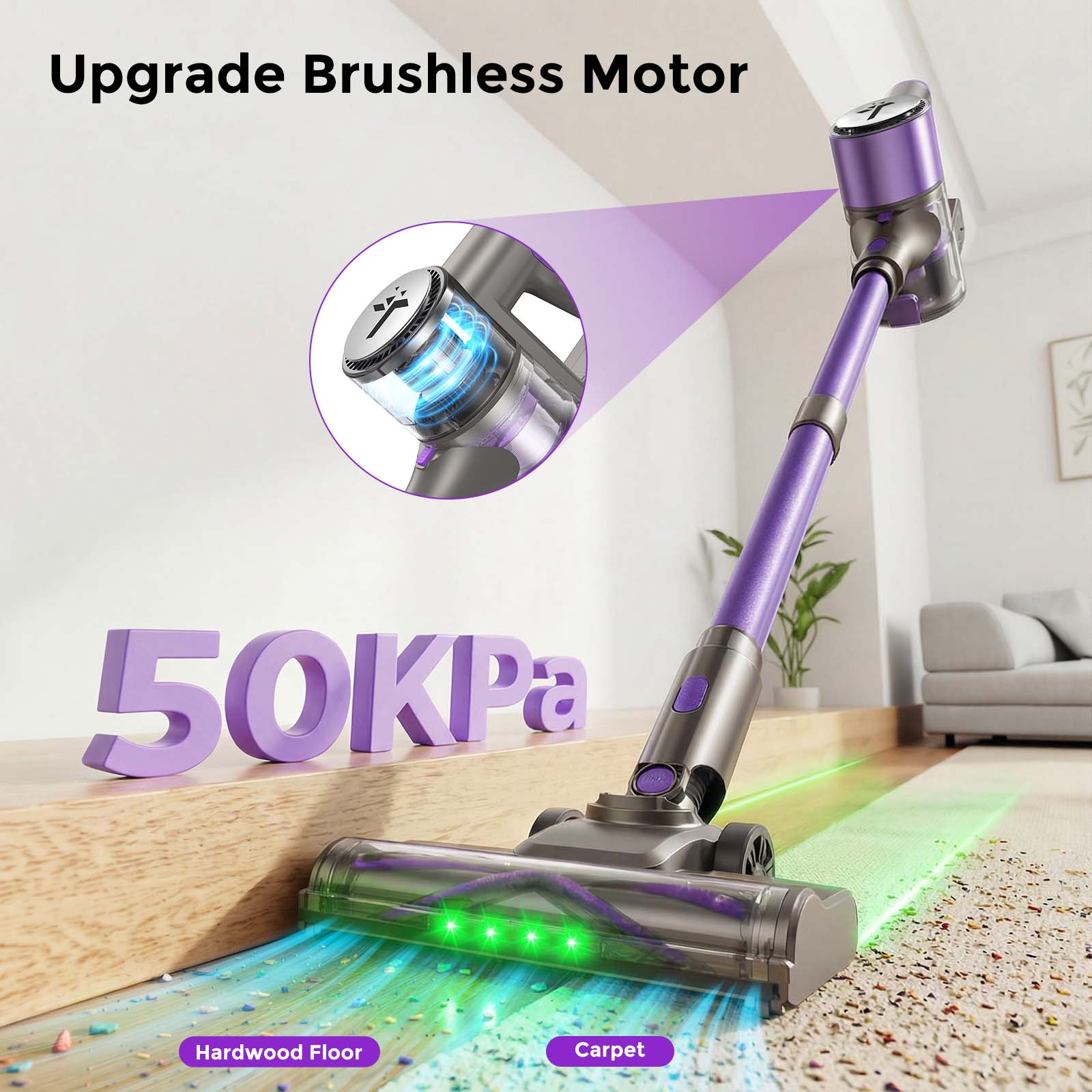 Upgrade Brushless Motor  
50KPa  
Hardwood Floor Carpet