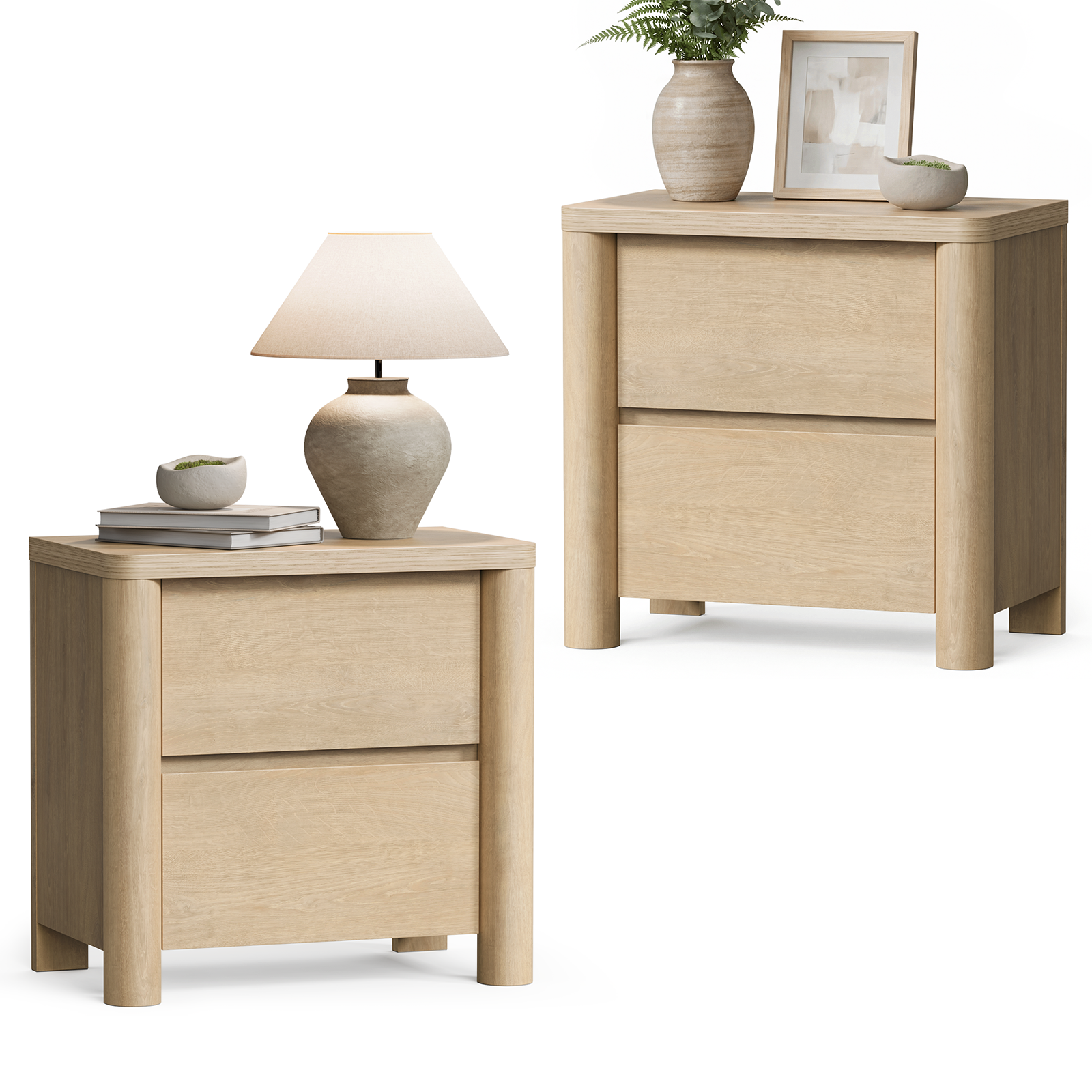Alt View 4. ModernMate - Nightstand with 2 Drawers Curved Modern 25.6"W Nightstand End Table for Bedroom Living Room - Natural Oak.