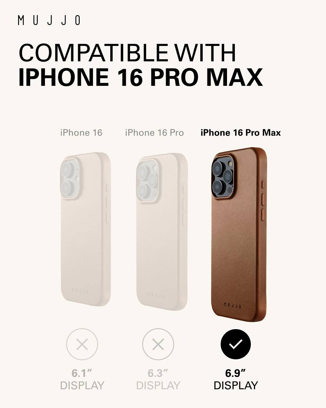 Mujjo is compatible with iPhone 16 Pro Max, iPhone 16, and iPhone 16 Pro. The image shows three different iPhone models with their respective display sizes: 6.1", 6.3", and 6.9".