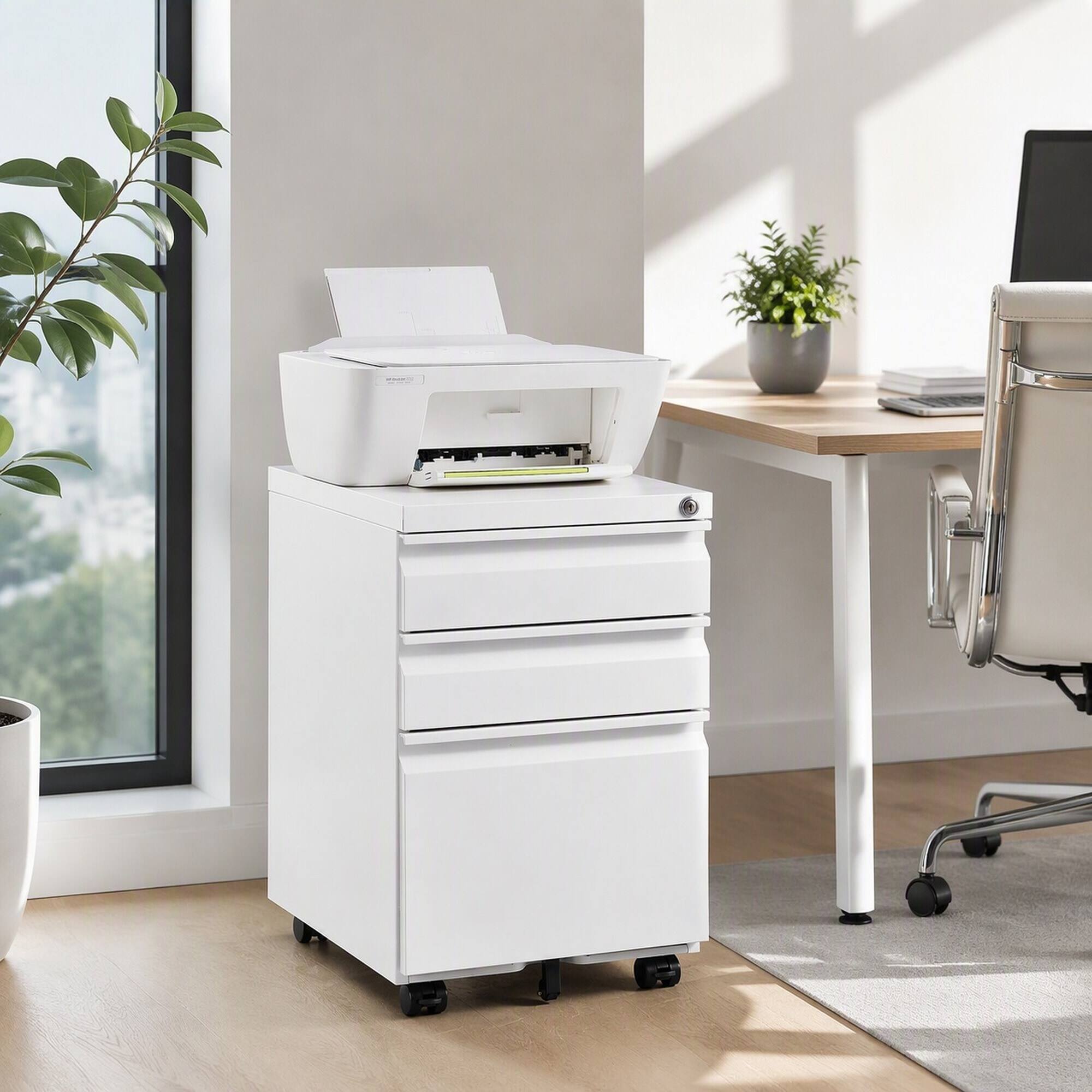 Angle. RYHNUYNE - 3-Drawer White Metal Mobile Filing Cabinet-Legal Letter Sized Office Storage Filing Cabinet with Lock - White.