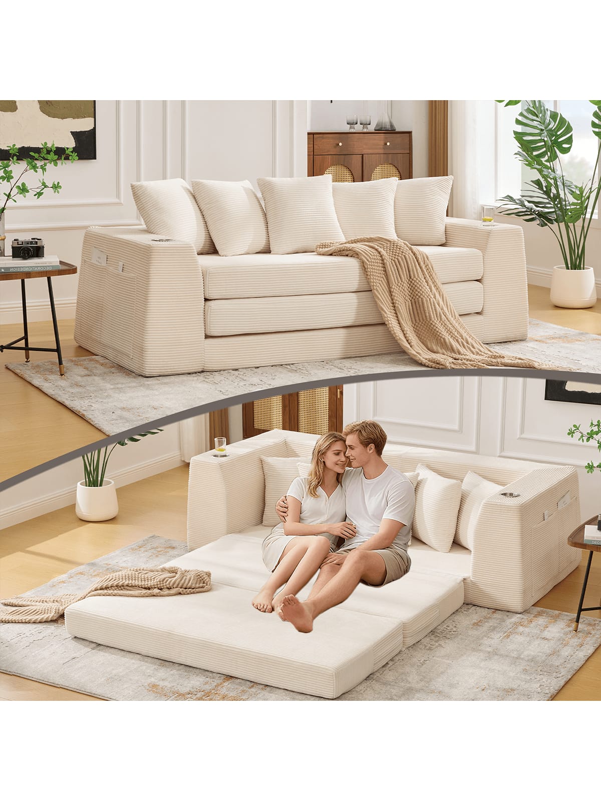 Trinkets Crazed - 82.25" Convertible Sofa Bed, Loveseat Sleeper Sofa, 2 In 1 Sofa, Corduroy Pull Out Sofa Bed, 5 Pillows, Side Pocket - Beige