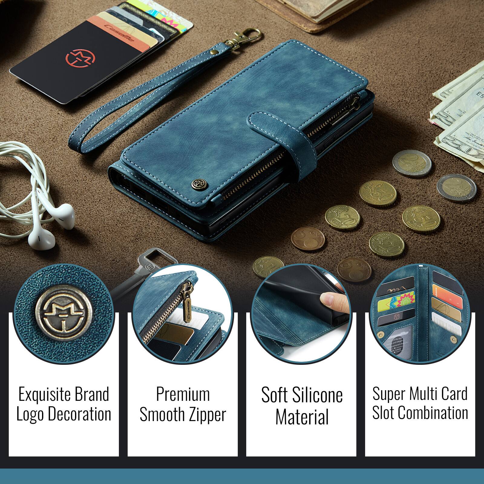 - Exquisite Brand Logo Decoration
- Premium Smooth Zipper
- Soft Silicone Material
- Super Multi Card Slot Combination