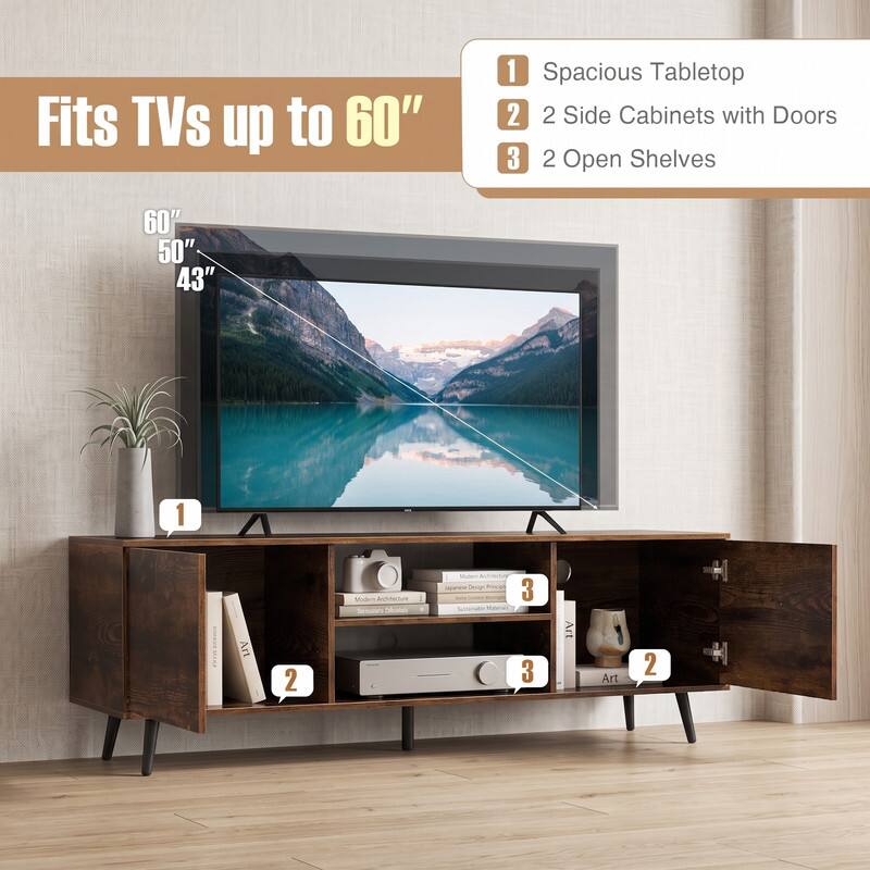 Fits TVs up to 60"

1. Spacious Tabletop
2. 2 Side Cabinets with Doors
3. 2 Open Shelves

60" 50" 43"

1. Art
2. Modern Architecture Stature
Japanese Design People

3. Art
Art
2