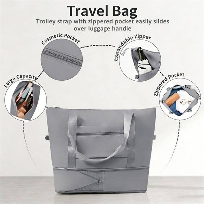 Travel Bag

- Trolley strap with zippered pocket easily slides over luggage handle
- Cosmetic Pocket
- Expandable Zipper
- Large Capacity
- Zippered Pocket