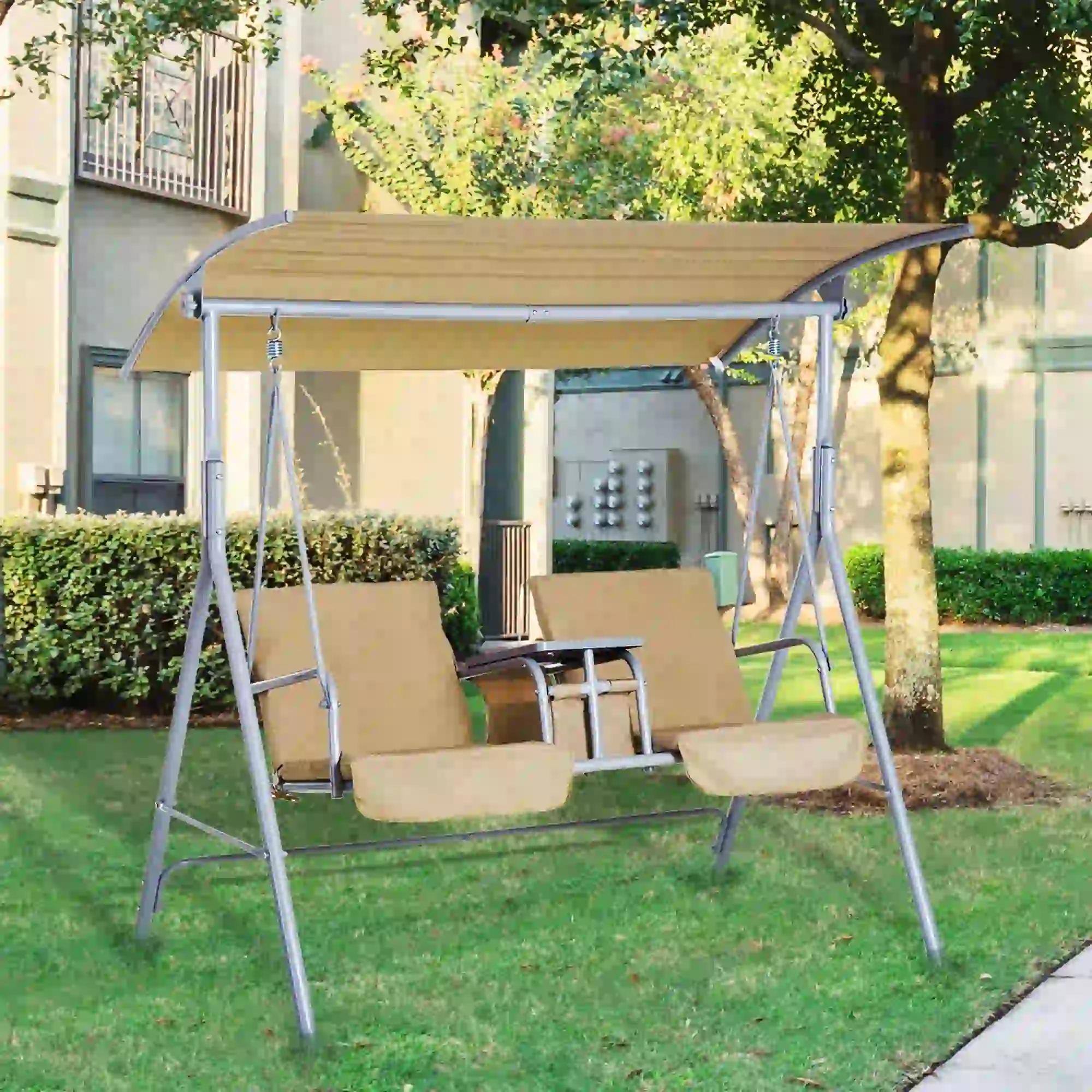 Left. Resenkos - Resenkos 2-Seater Swing With Canopy & Table, Patio Garden Swing, Poolside Backyard Relaxation, Dark Beige.