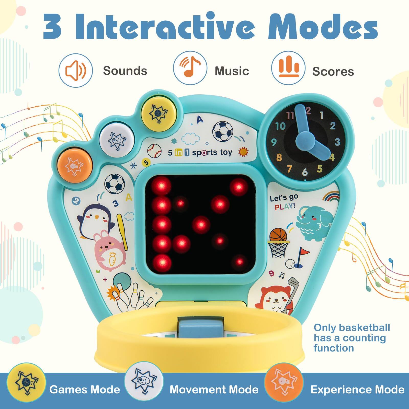 3 Interactive Modes

Sounds Music Scores

5 in 1 sports toy

Let's go PLAY!

Only basketball has a counting function

Games Mode Movement Mode Experience Mode