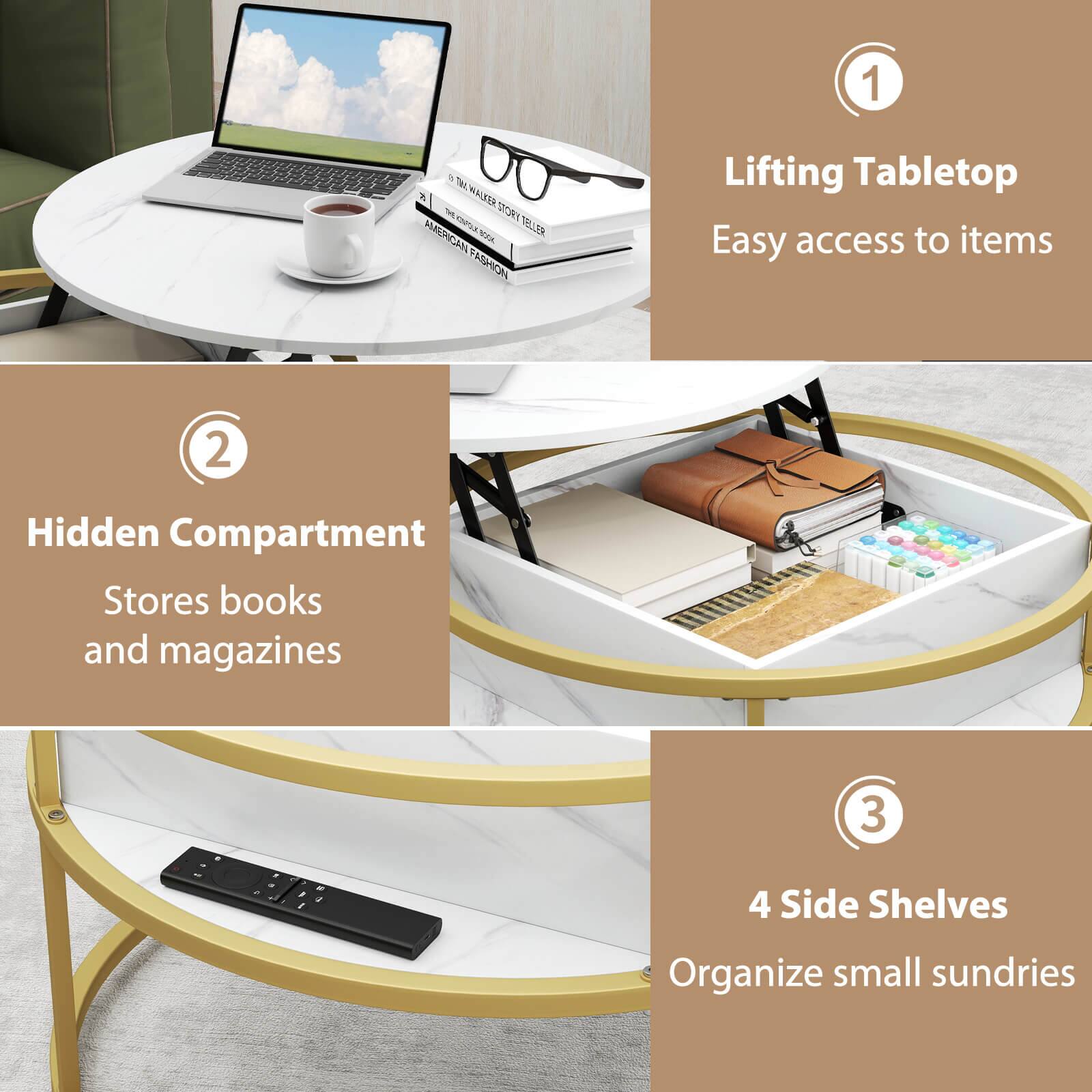 1. Lifting Tabletop  
   Easy access to items

2. Hidden Compartment  
   Stores books and magazines

3. 4 Side Shelves  
   Organize small sundries