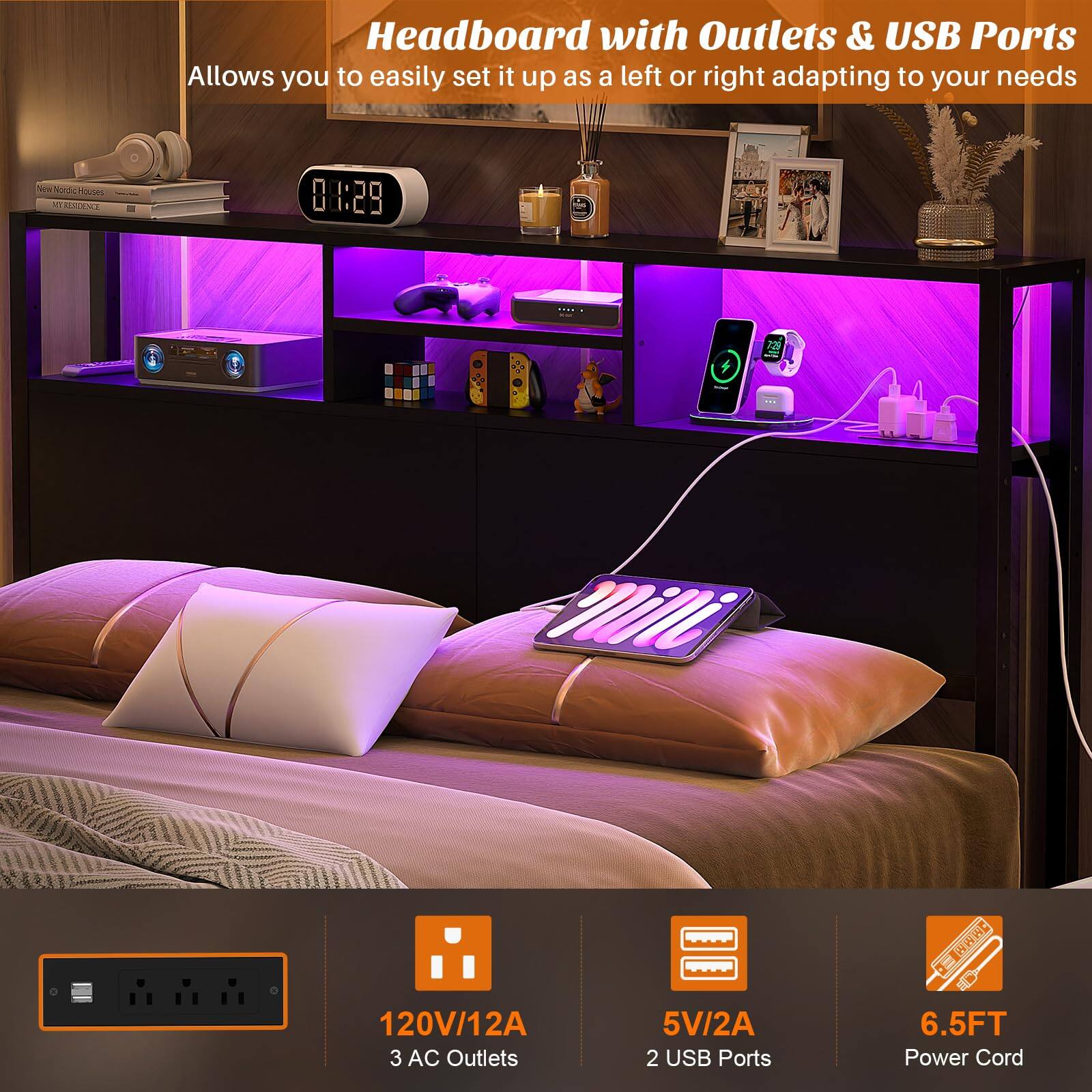Headboard with Outlets & USB Ports  
Allows you to easily set it up as a left or right adapting to your needs  

Nu trScHaos CEEODA 88:29  
120V/12A 3 AC Outlets 5V/2A 2 USB Ports DWWE ID 6.5FT Power Cord