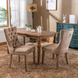 LUCKY ONE - Assembled Tufted Velvet Dining Chair Set of 2 with Wood Legs Nailhead Trim High Back - khaki