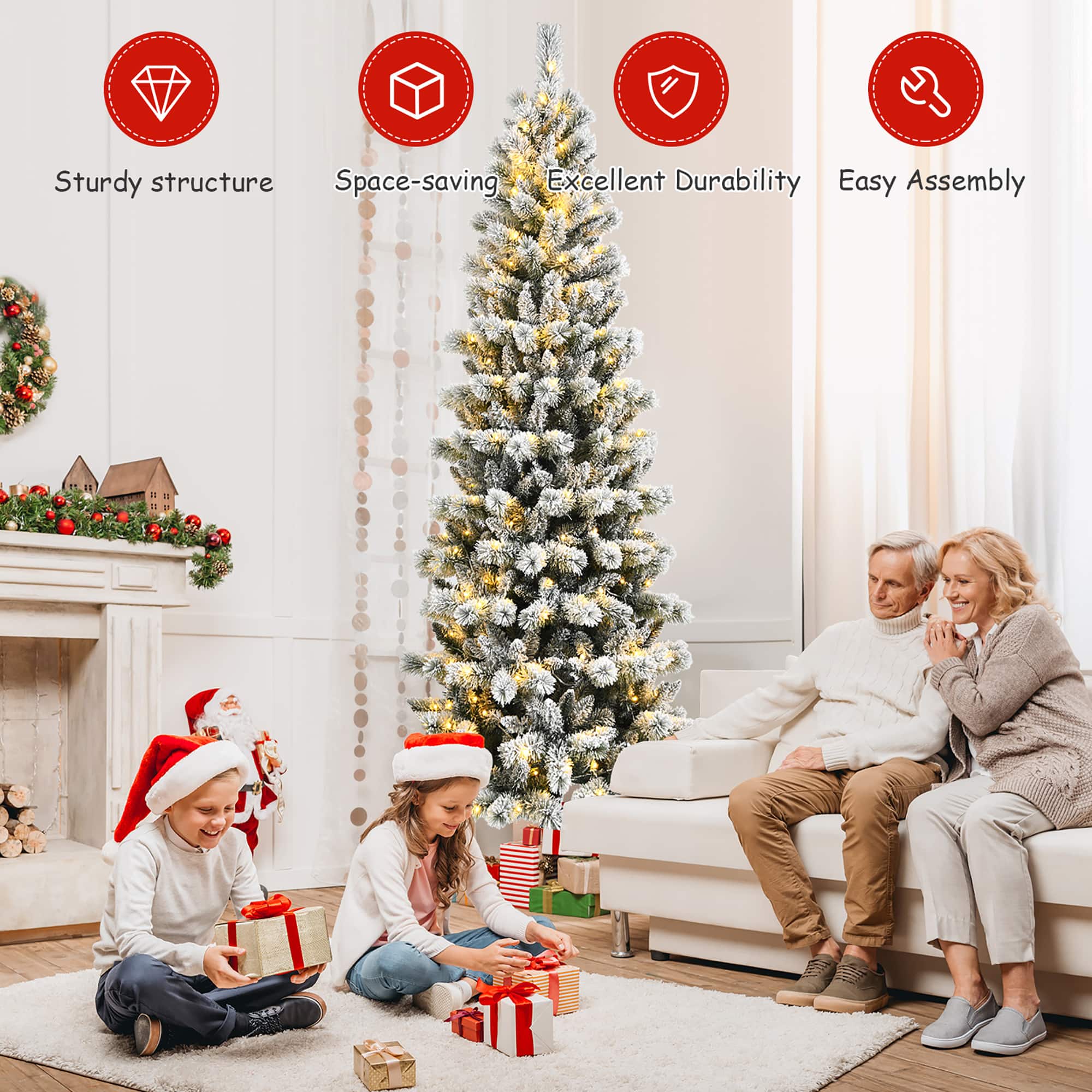 The image features a family gathered around a Christmas tree in their living room. The tree is decorated with presents, and the family members are enjoying the festive atmosphere. The text on the image highlights the tree's sturdy structure, space-saving design, excellent durability, and easy assembly. These features make the Christmas tree an ideal choice for the family's holiday celebration.