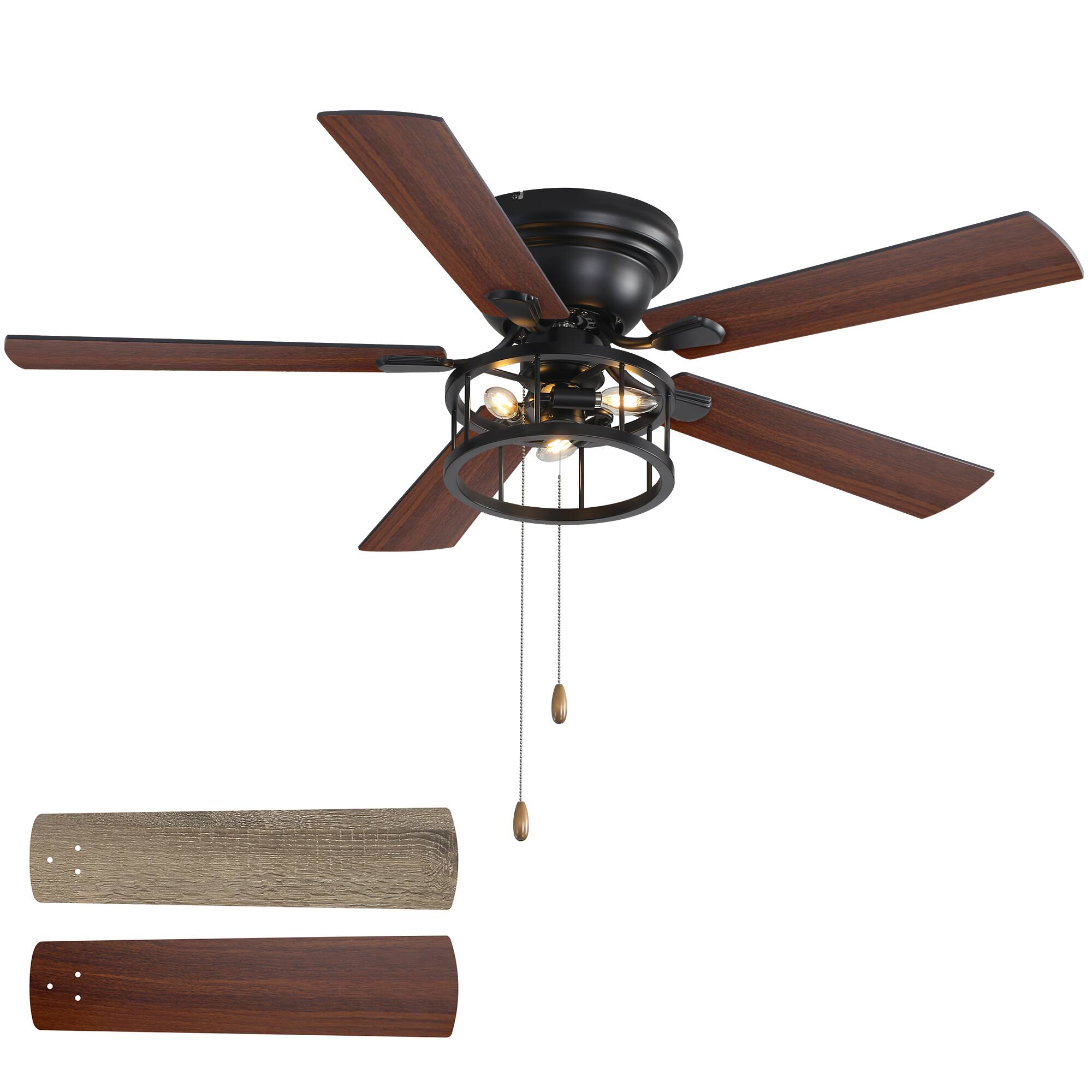 Angle. Breezary - 52-In Indoor Flush Mount Ceiling Fan with Light Kit, 5 Dual-Tone Plywood Blades, Reversible Motor, Remote/Chain Control - Dual Wood Grain + Pull Chain Control.