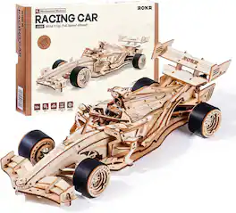 Robotime - ROKR 3D Wooden Puzzle 1:18 Scale Formula Racing Cars for Adults, 5 Hour Build, Wind up Toys Model Car Kits - Brown