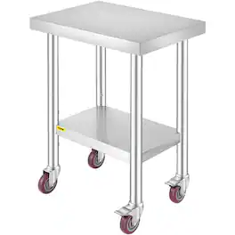 VEVOR - Stainless Steel Work Table 24 x 18 x 34 Inch, 700 LBS Load Capacity with 4 Wheels - Silver