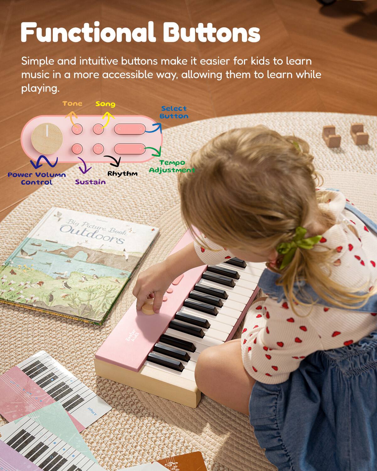 Functional Buttons

Simple and intuitive buttons make it easier for kids to learn music in a more accessible way, allowing them to learn while playing.

- Tone
- Song Select Button
- Tempo Adjustment
- Rhythm
- Power Volume Control
- Sustain
- Big Picture Outdoors Book
- Enstar P.A.
- Major F