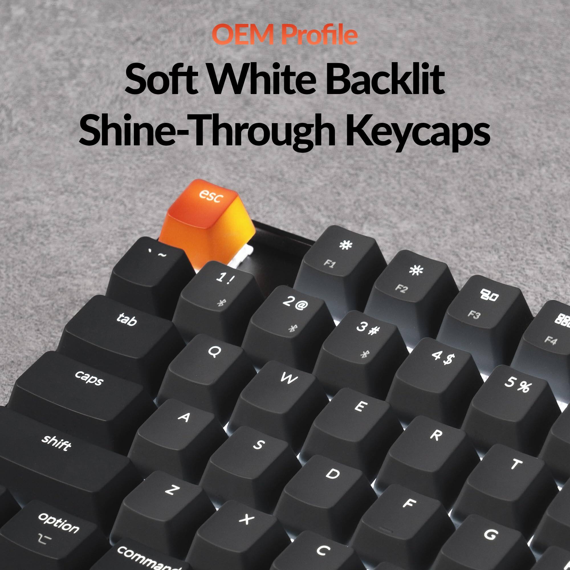 OEM Profile  
Soft White Backlit Shine-Through Keycaps  

esc 1! 2 @ 3 # 4 $ 5 %  
tab Q W E R T  
caps A S D F G  
shift Z X C V B  
option command