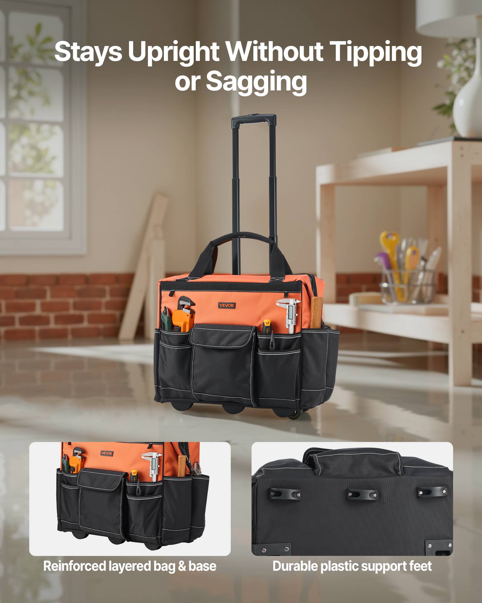 Stays Upright Without Tipping or Sagging

Reinforced layered bag & base

Durable plastic support feet