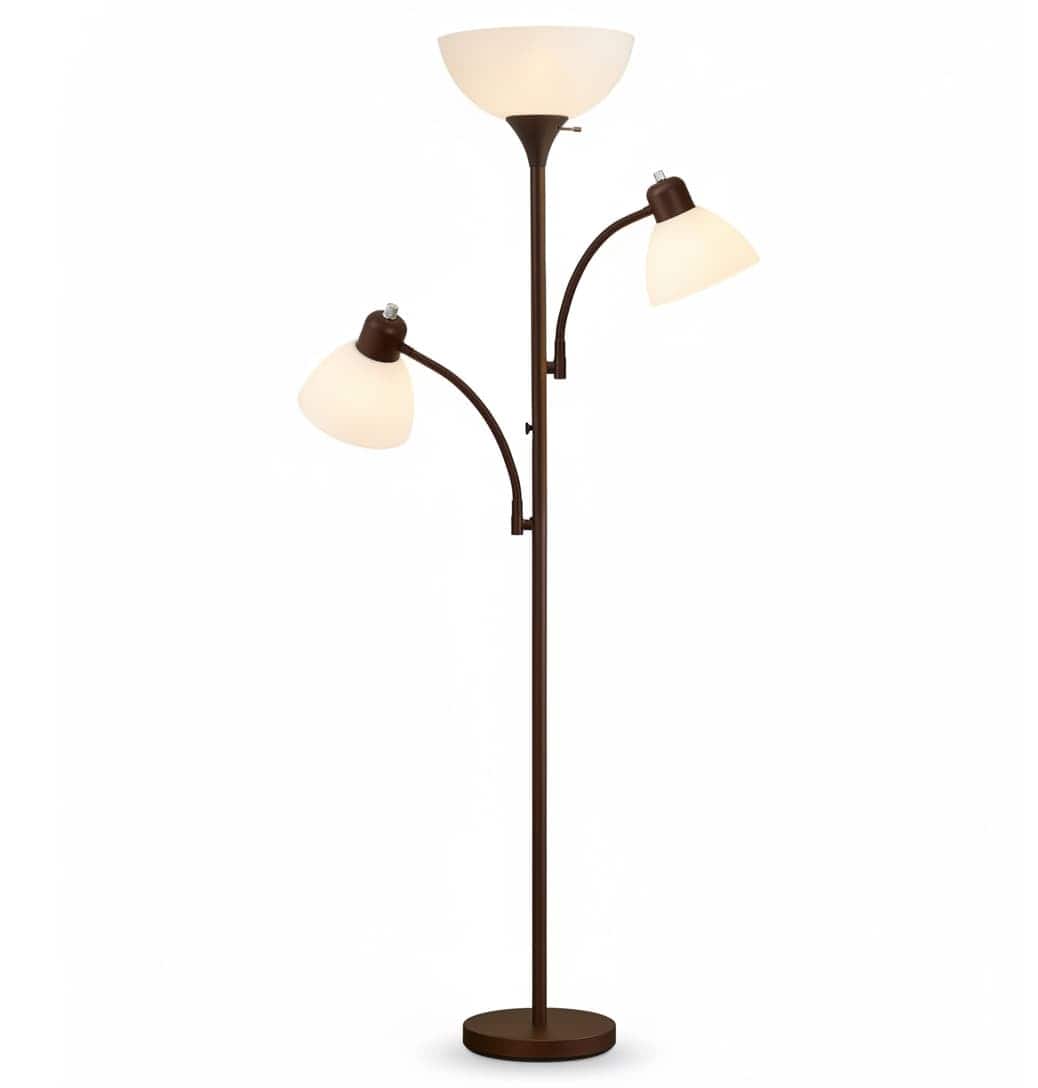 FINEAK - 72" Industrial Torchiere Floor Lamp, Tall Standing Lamp with 2 Reading Lights & 3 Included LED Bulbs - Brown