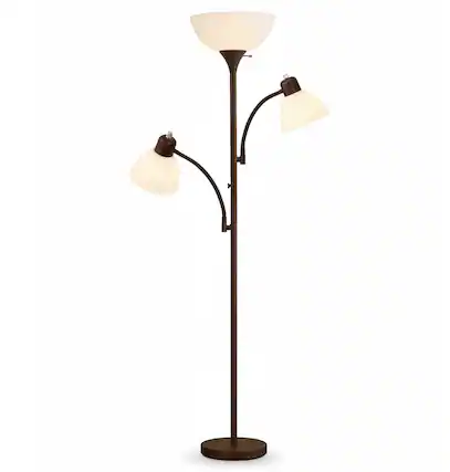 Front. FINEAK - 72" Industrial Torchiere Floor Lamp,Brown Tall Standing Lamp with 2 Reading Lights & 3 Included LED Bulbs - Brown.