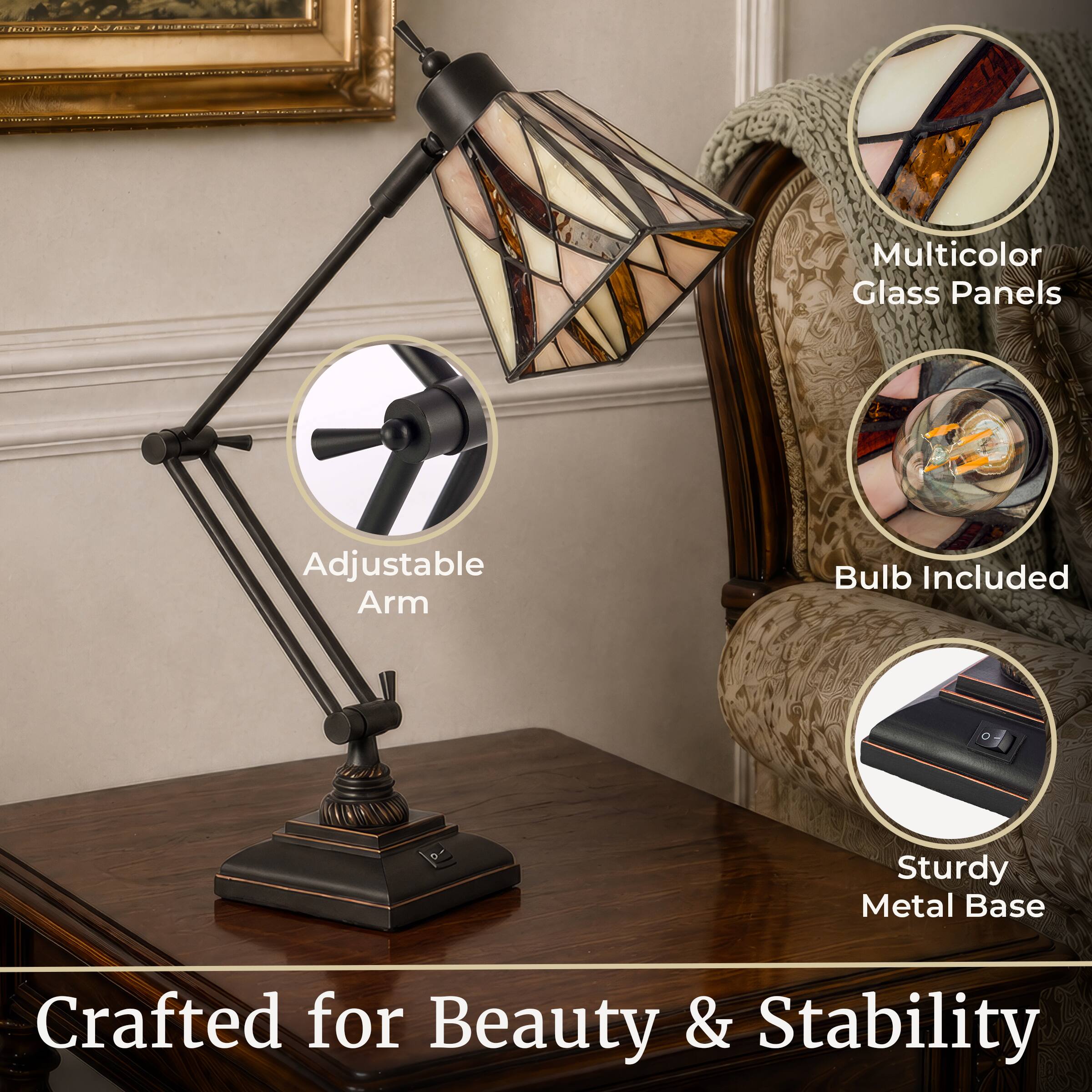 Multicolor Glass Panels  
Adjustable Arm  
Bulb Included  
Sturdy Metal Base  
Crafted for Beauty & Stability