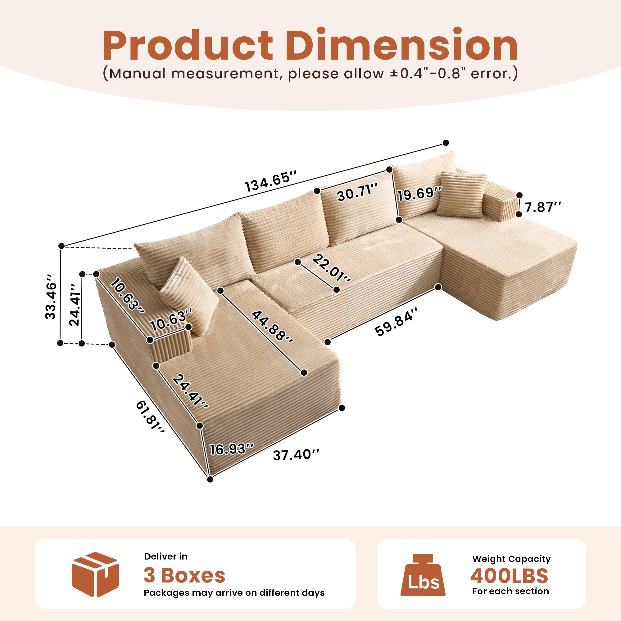 Product Dimension  
(Manual measurement, please allow ±0.4"-0.8" error.)  

134.65"  
30.71"  
19.69"  
7.87"  
33.46"  
24.41"  
22.01"  
10.63"  
10.63"  
44.88"  
59.84"  
24.41"  
61.81"  
16.93"  
37.40"  

Deliver in 3 Boxes  
Packages may arrive on different days  

Weight Capacity  
400LBS  
For each section