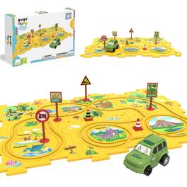 Everplay - Dinosaur Race Car Track Puzzle with Motorized Vehicle & Accessories, STEM Building Toy for Kids 3+