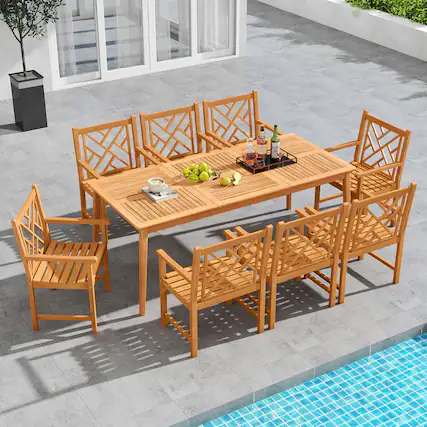 Front. Gymax - Gymax 9-Pieces Patio Dining Table Set w/8 Chairs Slatted Tabletop 1.96'' Umbrella Hole - Natural.