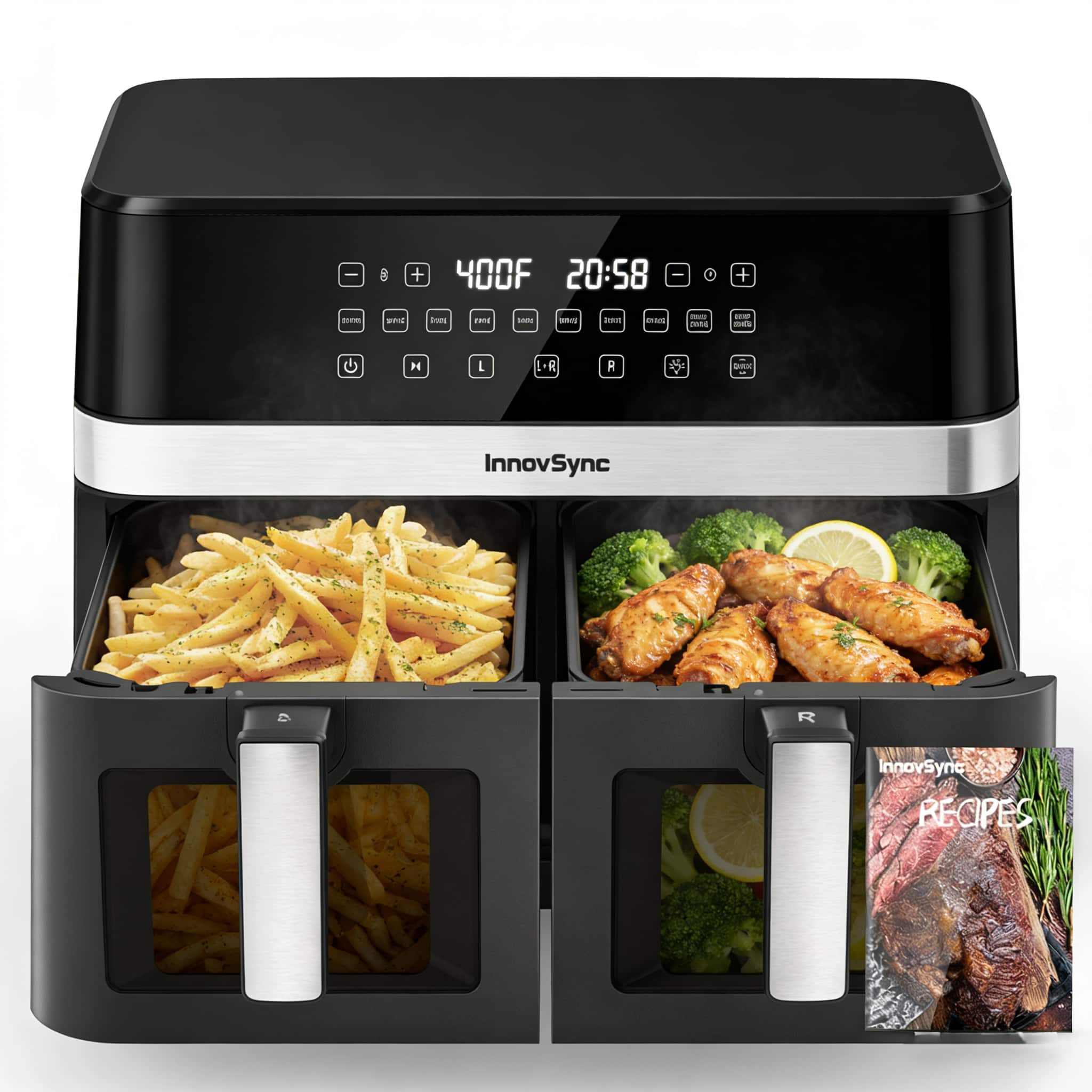 InnovSync - 12QT Dual Basket Air Fryer, 10-in-1 Digital Air Fryer Oven with Visible Windows, 6QT×2 Capacity - Black