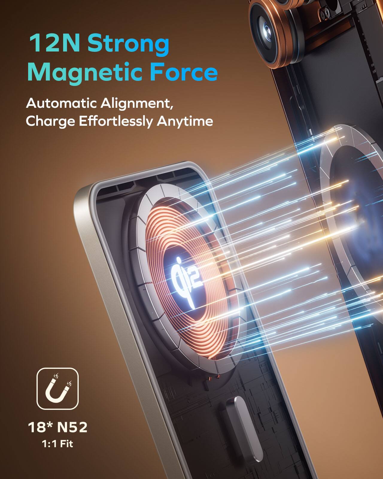 12N Strong Magnetic Force  
Automatic Alignment, Charge Effortlessly Anytime  

18* N52  
1:1 Fit