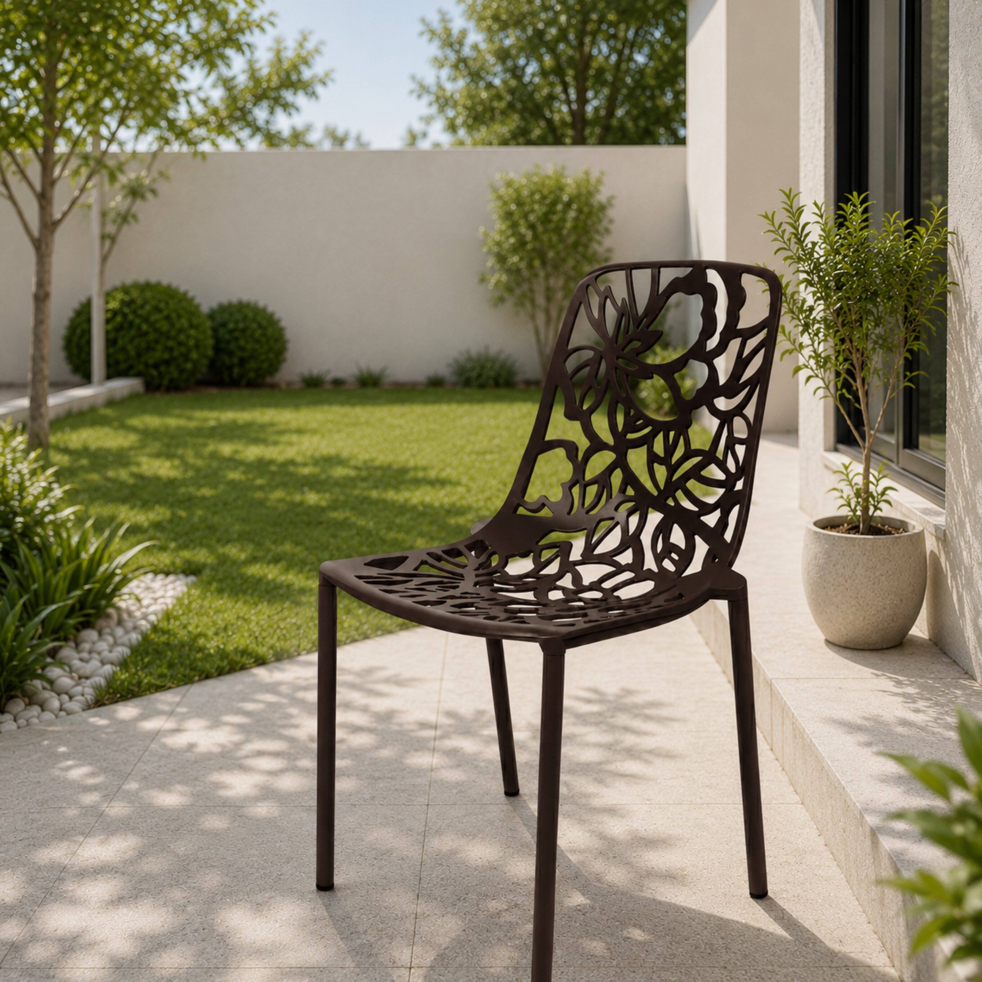 Left. LeisureMod - Devon (Set of 2) Aluminum Outdoor Dining Chair, UV Resistant & Stackable Floral Design Accent Chair - Fully Assembled - Brown.