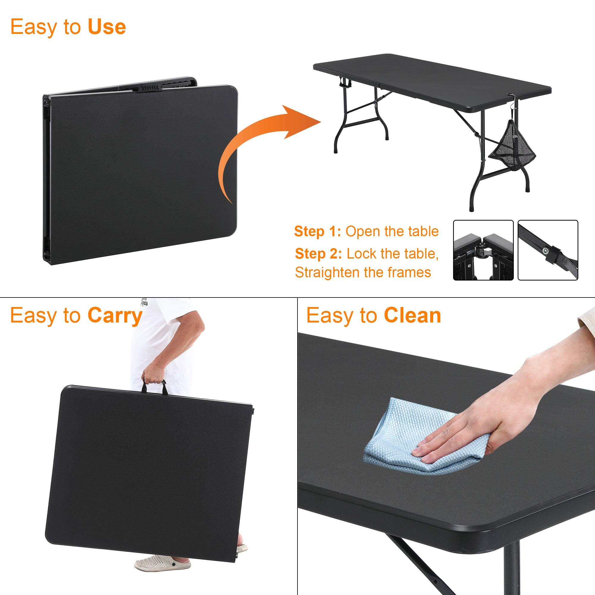 Easy to Use  
Step 1: Open the table  
Step 2: Lock the table, Straighten the frames  

Easy to Carry  

Easy to Clean