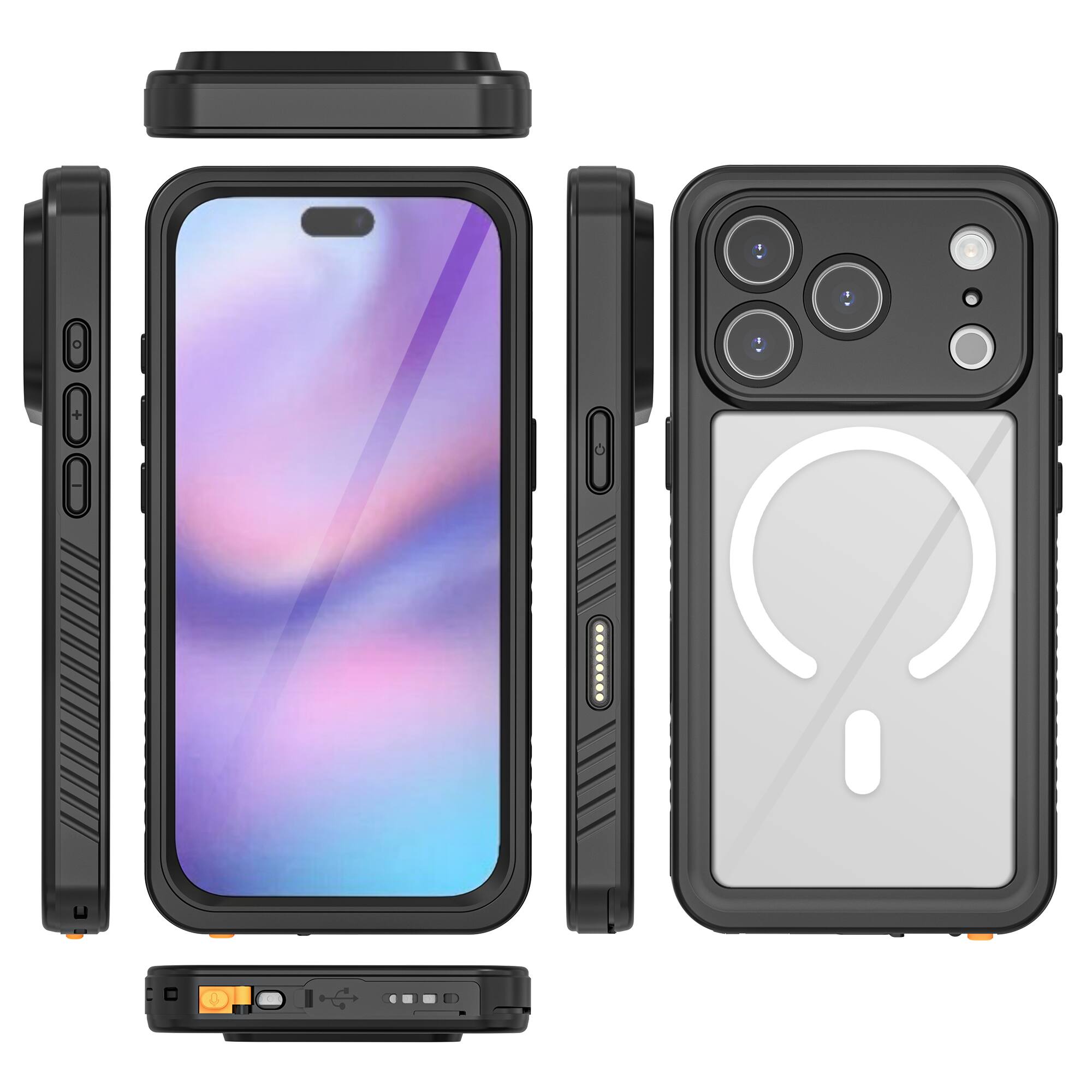 Angle. Dteck - Waterproof Magnetic Case for Apple iPhone 17 Pro Full-Body Shockproof Clear Back Cover with Built-in Screen Protector - Black.