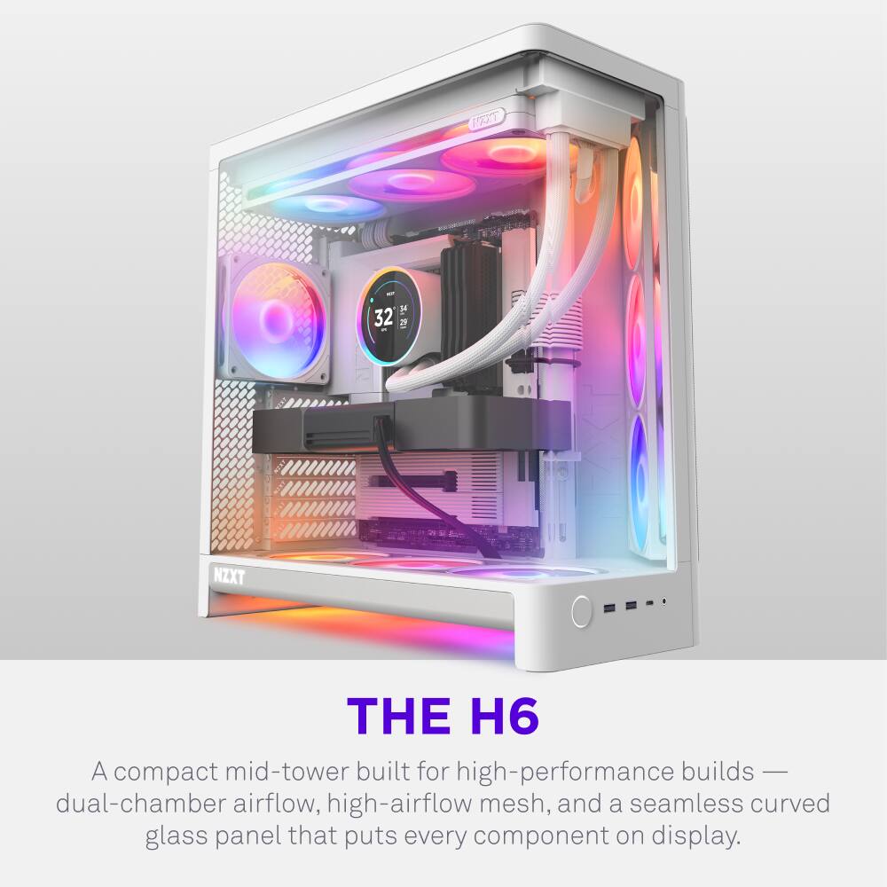 32° NZXT THE H6

A compact mid-tower built for high-performance builds — dual-chamber airflow, high-airflow mesh, and a seamless curved glass panel that puts every component on display.