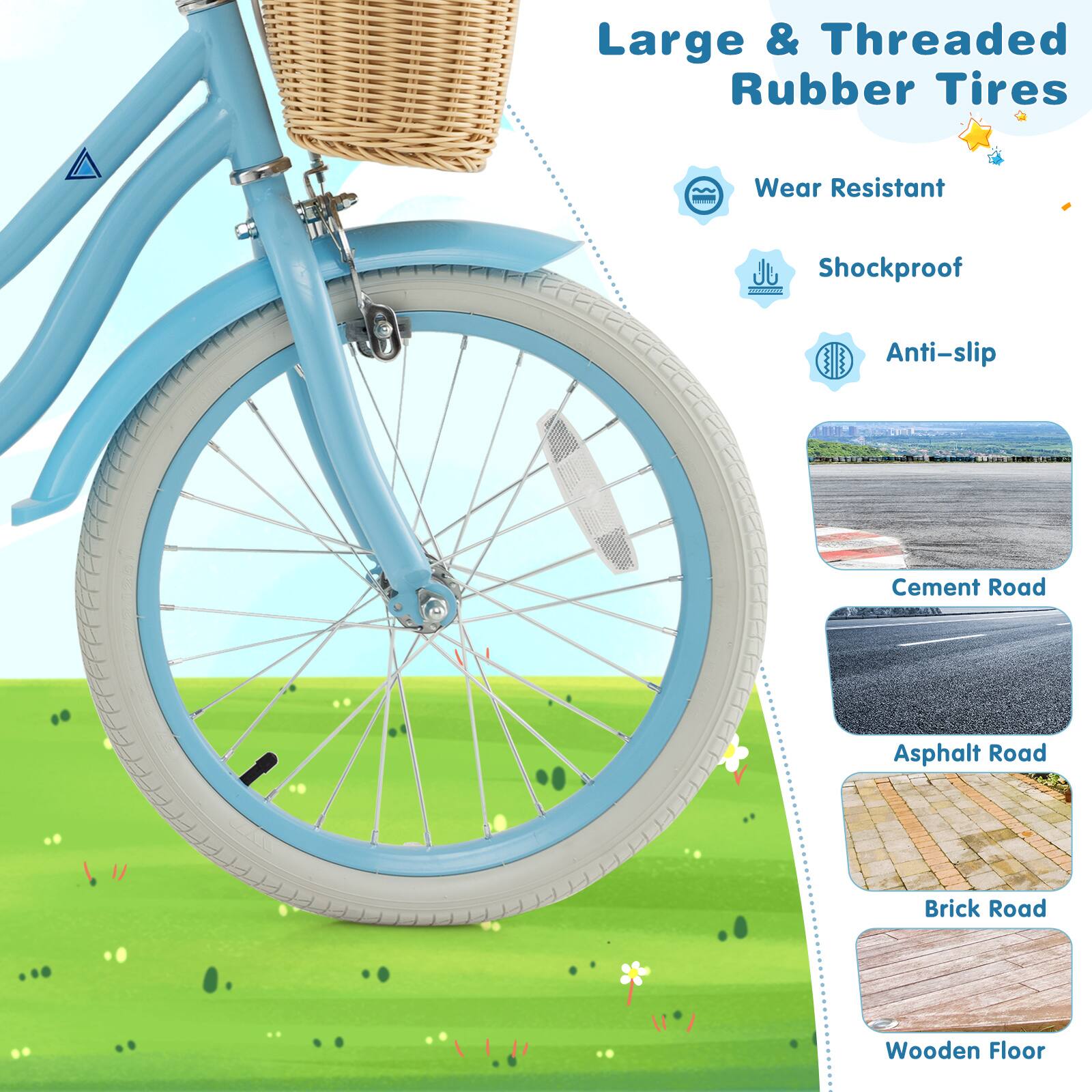 Large & Threaded Rubber Tires

- Wear Resistant
- Shockproof
- Anti-slip

Cement Road  
Asphalt Road  
Brick Road  
Wooden Floor