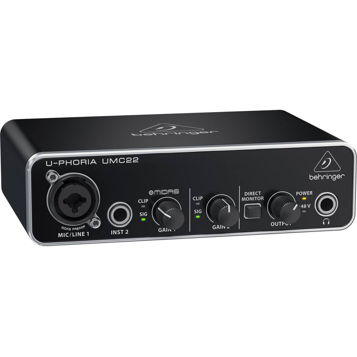 Behringer U-Phoria UMC22

- MIDAS CLIP
- MIDAS SIG
- MIDAS PREAMP
- MIC/LINE 1
- INST 2
- GAIN
- DIRECT MONITOR
- POWER 48V
- OUTPUT