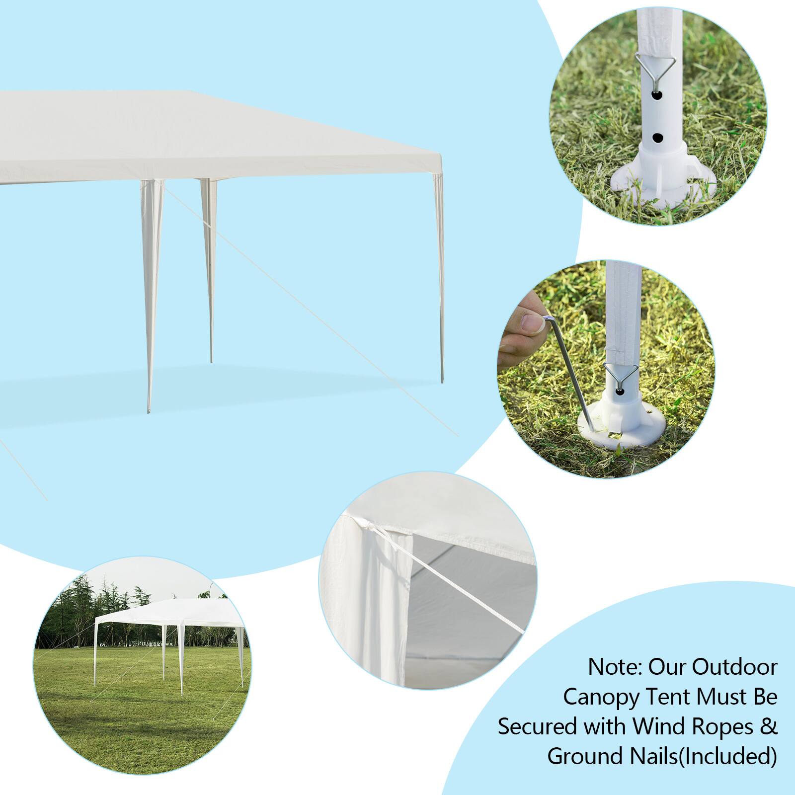 Note: Our Outdoor Canopy Tent Must Be Secured with Wind Ropes & Ground Nails (Included)